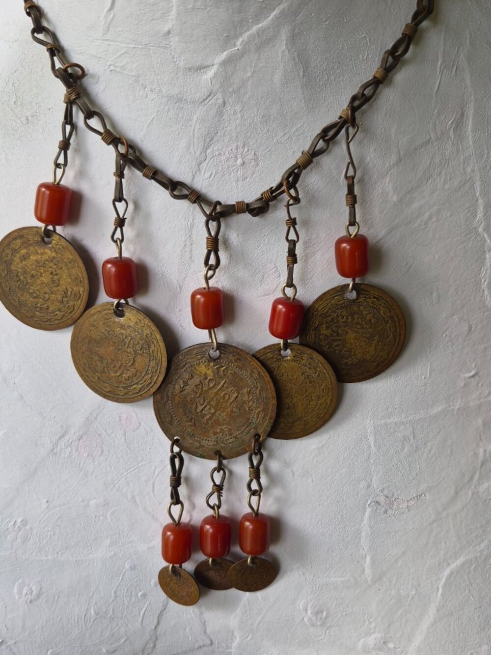 Vintage Ottoman Empire Coin & Cherry Red Bakelite Bead Festoon Tribal Necklace